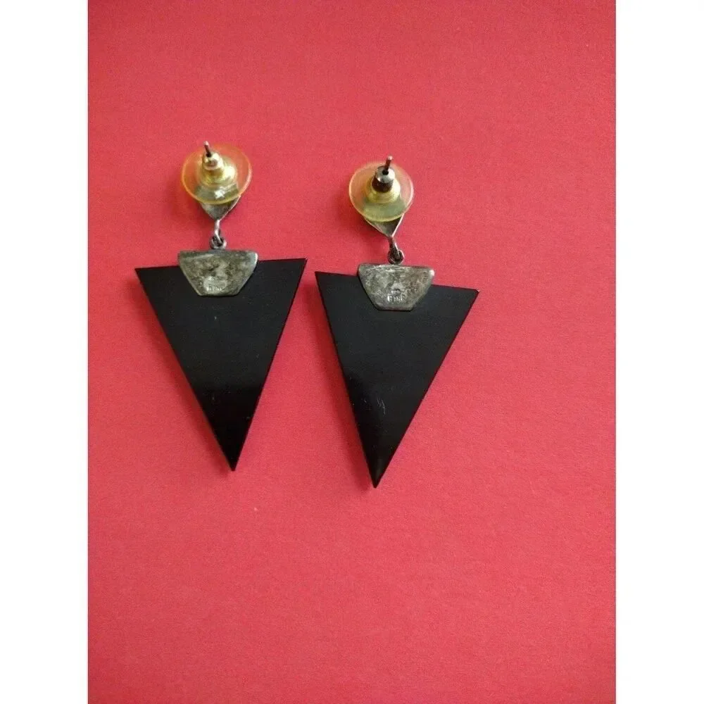 Vintage Signed RINC 925 Silver and Black Enamel Goth Drop Earrings